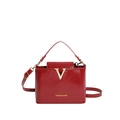Red crocodile texture shoulder bag with gold V clasp and fashion lettering on front - Red