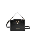 Glossy black leather handbag with gold V-buckle and adjustable shoulder strap for women - Black