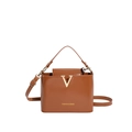 Brown glossy leather crossbody bag with gold V-metal decor and adjustable strap - Brown