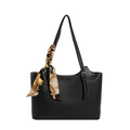 Black vintage textured tote bag with decorative patterned silk scarf for women - Black