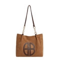Large brown suede tote bag with metallic chain strap and minimalist circular logo - Brown