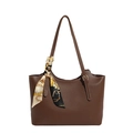 Minimalist coffee brown leather tote bag with contrast stitching and decorative scarf - Brown