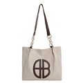 Minimalist off-white canvas tote bag with brown leather AB logo and chain shoulder strap - White
