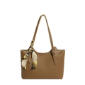 Brown leather tote bag with stylish printed silk scarf and long shoulder straps - Brown