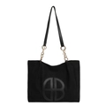 Black canvas tote bag with AB logo and gold chain shoulder strap for women - Black