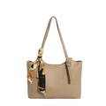 Retro beige large capacity tote bag with decorative printed silk scarf on handle - Khaki