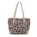 Retro-Shopper mit Leopardenmuster, großem Fassungsvermögen und beigen Ledergriffen - Weiß