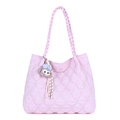 Roze gewatteerde shopper met hartpatroon, geweven handvatten en een pluche hanger - Roze Met Hanger