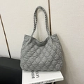 Grey quilted tote bag with heart patterns and woven handles for stylish commuting - Grey Without Pendant