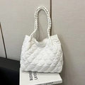 White quilted tote bag with heart patterns and woven shoulder strap in a stylish design - White Without Pendant