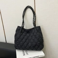 Black cloud quilted tote bag with woven synthetic leather handle and puffy nylon texture - Black without Pendant
