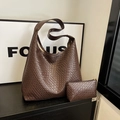 Deep brown large woven leather tote bag with matching inner pouch for women's fashion - Brown