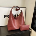 Large capacity burgundy woven tote bag set with matching small zipper pouch and shoulder strap - Burgundy