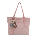 Rosa gesteppte Shopper Tasche mit Blumenstickerei und Bärenanhänger für Damen - Rosa mit Anhänger