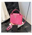 Magenta crocodile pattern bucket bag with silver V-shaped metal buckle and top handle - Pink