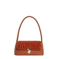 Brown baguette shoulder bag with crocodile texture stitching and gold metal buckle lock - Brown