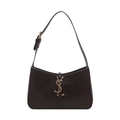 Borsa a tracolla quadrata in pelle marrone scuro con fibbia logo YSL oro su sfondo bianco - Nero