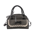 Borsa bowling in denim grigio scuro con bordo in pizzo, fiocco e doppi manici su sfondo bianco - Nero