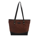 Brown quilted tote bag with black base and FASHION label on white background - Brown