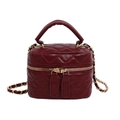 Quilted burgundy crossbody box bag with gold chain strap and top handle in leather finish - Red