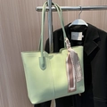 Light green faux leather tote bag with stylish pink fashion scarf on the strap - Green