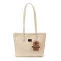 Minimalist creamy white tote bag with thin straps and cute brown plush puppy charm - With Pendant / White