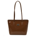 Grand sac cabas en cuir verni marron foncé avec plaque argentée pour femme élégante - Sans Pendentif / Marron