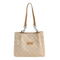 Grande borsa tote beige a scacchi con manici in pelle marrone e dettagli a catena - Cachi e Beige