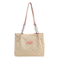Borsa tote beige con trama a scacchi, etichetta in pelle rosa e tracolla a catena - Rosa e Beige
