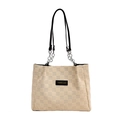 Fashionable cream checkered tote bag with black straps and metal chain for daily commute - Black and Beige
