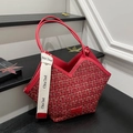 Large red tweed tote bag with leather handles and decorative white logo ribbon strap - Red