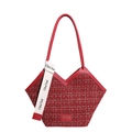 Bolso tote minimalista de tweed rojo oscuro con abertura en V y correas decorativas - Rojo
