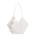 Chic off-white woven tote bag with V-shaped opening and brand label detailing - White