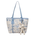 Sac fourre-tout bicolore avec graffiti dessin animé et charm lapin en peluche - Bleu (Sans Pendentif)