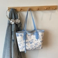 White commuter tote bag with blue graffiti print and leather shoulder straps - Blue without Pendant