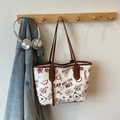 White graffiti tote bag with brown handles and street style bear prints for daily commute - Brown No Pendant