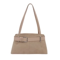 Khaki suède schoudertas met modieuze trapezevorm en decoratieve riem met zilveren gesp - Khaki