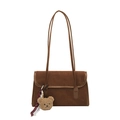 Dark brown suede shoulder bag with plush bear charm and striped scarf detail - With Pendant / Brown