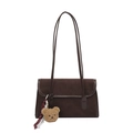 Dark brown suede shoulder bag with minimalist design and cute plush bear charm detail - With Pendant / Brown