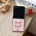 Detailed view of pink woven texture case with satin bows and gold plaque for flip phones - Woven Texture-2 Hand-tied Bows-Pink / Samsung ZFlip3