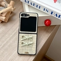 Detail of beige woven texture phone case with green bows for Samsung Galaxy Z Flip - Woven Texture-2 Hand-tied Bows-Khaki