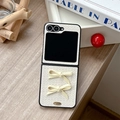 Detail of woven texture Samsung Z Flip case featuring elegant 3D fabric bows and gold plaque - Woven Texture-2 Hand-tied Bows-Cream White