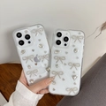 Funda transparente con purpurina para iPhone con lazo de diamantes y perlas lujo - Brillo Pegamento de Goteo Lazo / iPhone 17 Pro Max