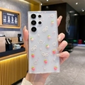 Detail of transparent Samsung case with 3D strawberries and pearl bow decorations - Transparent Glitter Strawberry Heart / A14
