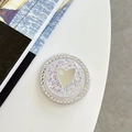 Detailed view of rhinestone phone grip with heart mirror and purple glitter filling - Magnetic Sequin Heart Mirror - Dark Purple