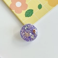Detail of purple glitter phone grip with starfish, seashells and pearl resin inlay - Epoxy Stand - High Glitter Ocean - Dark Purple