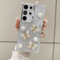 Detail of 3D resin roses and metallic butterflies on glitter Samsung Galaxy case - For A16 / Electroplated White Rose Butterfly