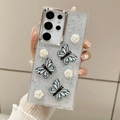 Detail view of transparent S24 Ultra case with 3D white roses and silver glitter - For A16 / Electroplated Blue Rose Butterfly