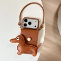 Funda de cuero marrón con bolsillo de perro salchicha y correa de mano a juego - Marrón / iPhone 17 Pro Max