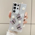 Close-up of clear phone case with 3D resin roses, butterflies and silver glitter - For A16 / Electroplated Purple Pink Rose Butterfly